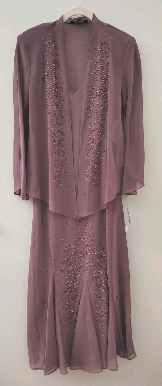 R&M Richards Beaded 2 Pc Formal Jacket & Dress Suit Dark Rose Color Size 6
